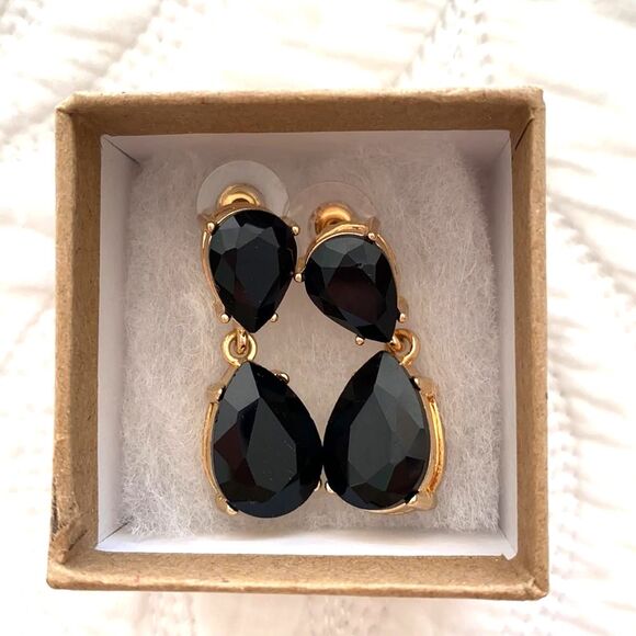 NEW Onyx Tiered Drop Earrings Teardrop Black Gold Costume Classic Elegant Retro - Picture 4 of 4